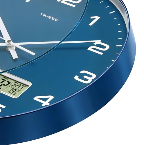 TIMESS 12-Inch Non-Ticking Analog Wall Clock with LCD Display, Blue - color: Blue, size: 12 Inch