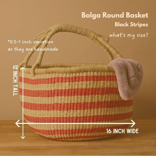 Large Round Woven Storage Basket with Handle, Red African Bolga Basket, 16" Wide - color: Red Stripes