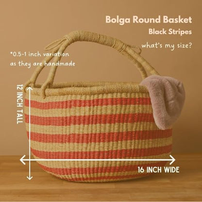 Large Round Woven Storage Basket with Handle, Red African Bolga Basket, 16" Wide - color: Red Stripes