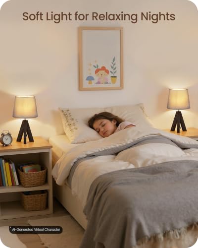 Tripod Table Lamp, 14.6" Small Bedside Lamp, Modern Nightstand Lamp with Gray Shade & Dark Walnut Base, Boho Desk Lamp for Bedroom, Kids Room, Living Room, Study, E26 Socket, VH51TL05 - color: Gray+Dark Walnut