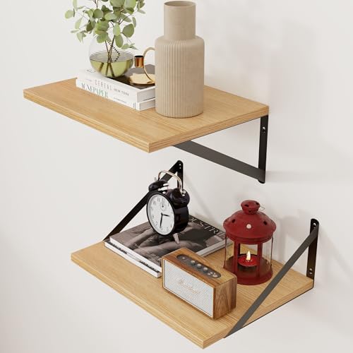 Axeman Deep Floating Shelves, 12 Inch Deep Rustic Oak Floating Wall Shelves Set of 2, 16W x 12D Large Floating Shelves Living Room Cleanning Room Laundry Room Garage - Oak with Black Brackets - color: Oak, size: 16W x 12D