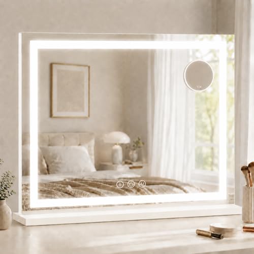 HNV 22.8"x18" Lighted Makeup Mirror with LED Lights, 3-Color Dimmable, Smart Touch Control, USB Charging Port, Tabletop or Wall-Mounted Vanity Mirror, White - color: White, size: 22.8"L x 22.8"W