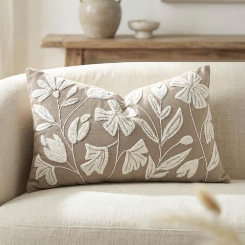 BlissBlush Decorative Lumbar Pillow Cover 12x20, Light Taupe Accent Velvet Throw Pillowcase for Couch Sofa Living Room, Floral Tufted Rectangular Cushion, Cover Only - color: Light Taupe, size: 20" x 12" (Pack of 1)