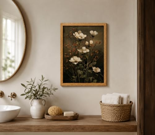 Framed Vintage Dark Floral Wall Art,Dark Moody White Still Life Painting Picture Wall Decor,Retro Rustic Flower Poster Print Artwork,for Living Room Bedroom Bathroom Home Decoration - color: Flowers, size: 10"L x 8"W