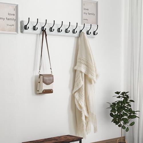Dseap Wall Mounted Coat Rack: 38-1/4" Long, Patented, Heavy-Duty, 10-Double-Hooks Wooden Hanger Rail for Winter Coats, Hat, Jacket, Clothing - White & Black, Pack of 2 - color: White & Black, size: L=38.3"(2pcs)