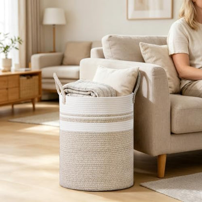100L Extra Large Tall Cotton Rope Laundry Basket with Handle, White & Brown - color: Brown & White, size: 100L