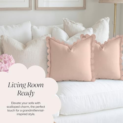 BEBE BASK Scalloped Pillow Cover Set of 2, 18x18, Cotton - Peach Pink - color: Peach Pink/Peach