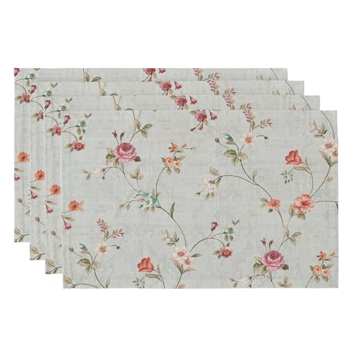 QIYI Boho Table Placemats Set of 4, 12"x18" Linen Place Mats, Pink Flowers - color: Vintage Flowers, size: Set of 4