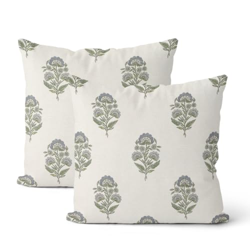 CXMEIFLY Blue Green Vintage Pillow Covers 18 x 18 Inch Set of 2 Boho Blue Floral Block Print Outdoor Decor Throw Pillows Neutral Flower Linen Farmhouse Decorative Pillowcases for Couch Bed Sofa - color: Blue Green Floral, size: 18" x 18" (Pack of 2)