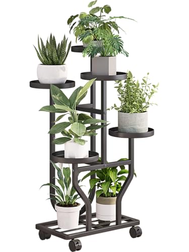 Plant Stand with Wheels, Black 5 Tier Metal Plant Shelf for Indoor Outdoor - color: Black, size: 5 Tier