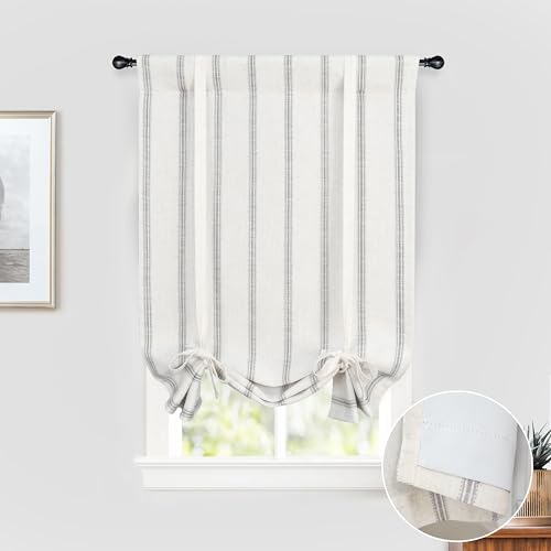 DriftAway Farmhouse Double Layer Linen Blackout Tie Up Curtains Thermal Insulated Vertical Striped Fully Lined Balloon Roman Shade Bathroom Window Adjustable Rod Pocket 25 Inch by 47 Inch Gray - color: Grey, size: 25"W x 47"L (Pack of 1)