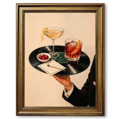 Vintage Cocktail Bar Canvas Prints Wall Art Vinyl Record Bar Tray Aesthetic Posters Retro Martini Lounge Decor Mid Century Man Cave Home Bar Decor for Dining Room Kitchen 8x10inch Retro Gold Frame - color: Style-1 Golden Frame, size: 8"L x 10"W