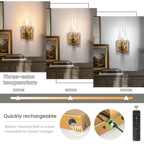 Vintage Battery Operated Wall Sconces Set of 2, Rustic Wall Lights - color: Gold