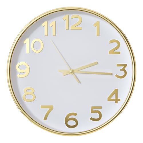 Wall Clock Silent Non-Ticking Battery Operated Indoor Analog Simple Style Modern Quartz Movement 3D Dial Easy to Read Decor for Home/Office/Living Room/Bedroom/Kitchen (White-Gold, 12 inch) - color: White-gold