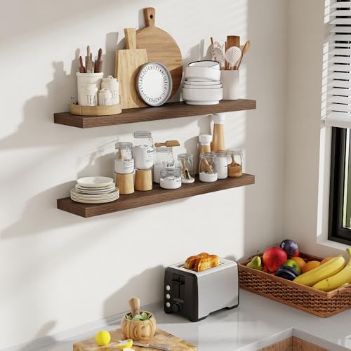 Acovy 36 Inch Floating Shelves, 8 Inch Deep Floating Shelves for Wall, Hanging Shelf with Invisible Brackets, Deep Shelves for Bathroom, Bedroom, Living Room, Walnut, Set of 2 - color: Walnut, size: 8"Wx36"L-2pcs