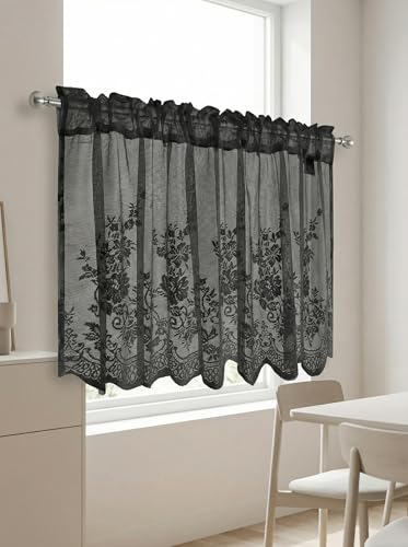 Molaxhome Kitchen Curtains Valance Black Lace Floral Semi Sheer Curtain - color: Black, size: 54"W x 35"L (Pack of 1)