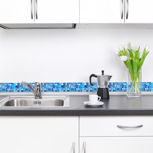 HOMETITUTE Peel and Stick Wallpaper Border 4x196in Blue Mosaic Pattern - color: blue texture#1
