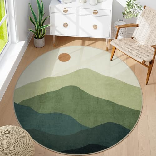 4ft Abstract Green Round Rug, Boho Mountain Circle Classroom Rugs - color: Green, size: 4' (Round)