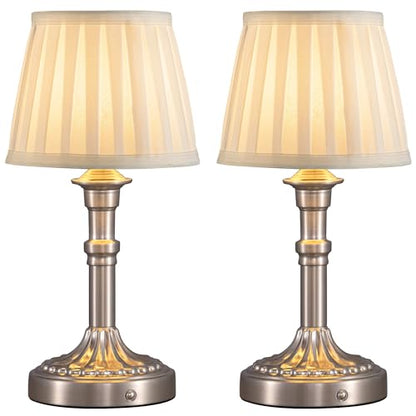 KDG Nickel Cordless Table Lamps Set of 2, Beige Fabric Shade Desk Lamp - color: Nickel + Beige Fabric Lampshde (2 Pack)