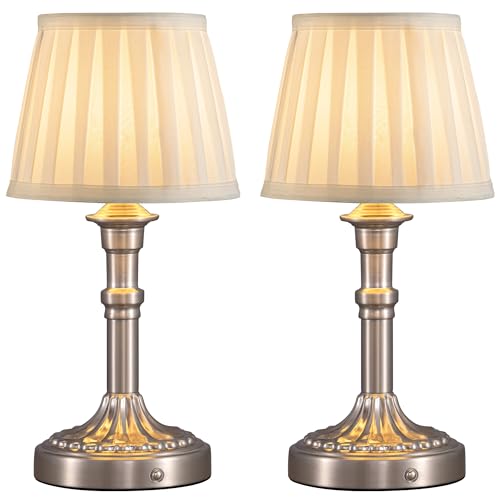 KDG Nickel Cordless Table Lamps Set of 2, Beige Fabric Shade Desk Lamp - color: Nickel + Beige Fabric Lampshde (2 Pack)