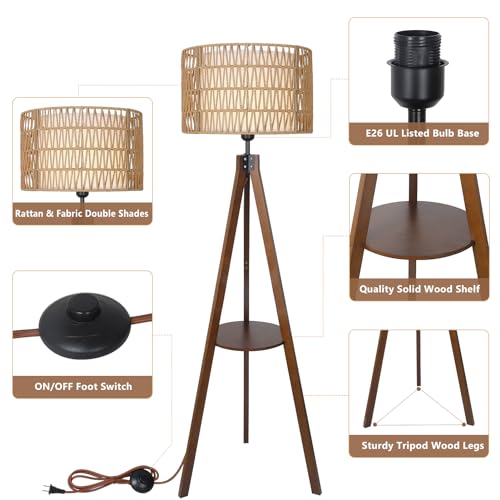 LAMSU Boho Tripod Floor Lamp with Shelves, Mid Century Wood Standing Lamp with Rattan & Fabric Shades, ON/Off Foot Switch, Modern Farmhouse Tall Floor Lamps for Living Room Bedroom Office - color: Walnut Brown