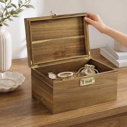 X-Large Acacia Wooden Keepsake Box with Hinged Lid & Locking Key