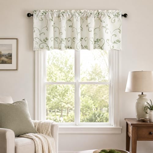 VOGOL Vines Embroidered Curtains Valance, Rod Pocket Valances for Windows, 52 x 18 Inch, Grass Green - color: Green, size: 52"W x 18"L (Pack of 1)