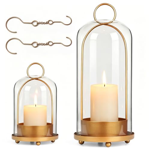 5"&4" Hurricane Glass Candle Holder Set - Hanging Pillar Candle Lantern with Glass Chimney, Metal Frame for Wedding Centerpieces Dining Table Mantel Holiday Home Decor