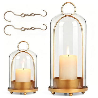5"&4" Hurricane Glass Candle Holder Set - Hanging Pillar Candle Lantern with Glass Chimney, Metal Frame for Wedding Centerpieces Dining Table Mantel Holiday Home Decor