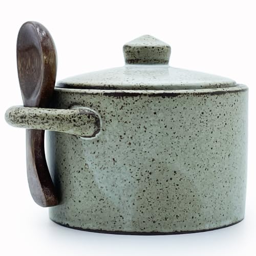 8 oz Ceramic Salt Cellar with Lid & Wooden Spoon,Countertop Salt Container,Sugar Bowl,Spices Jar| Artisan Kitchen Decor(Light Coarse Pottery Color) - color: Light Coarse Pottery Color