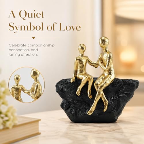 Gold Abstract Couple Sculpture, Romantic Love Statue with Black Base