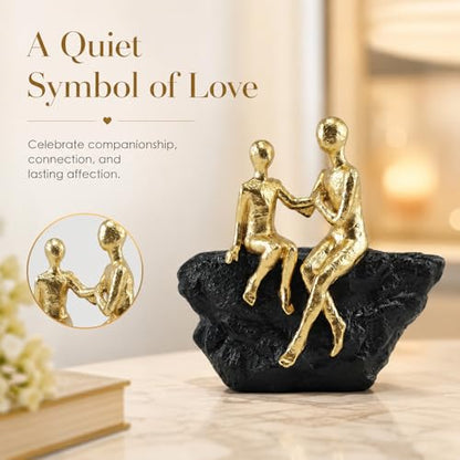 Gold Abstract Couple Sculpture, Romantic Love Statue with Black Base