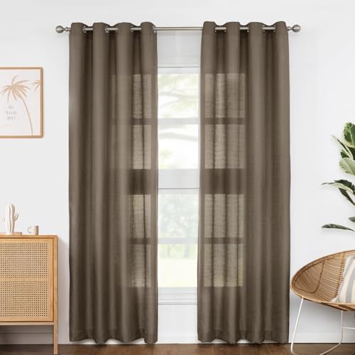 Melodieux Brown Semi Sheer Curtains 63 Inch Length for Living Room, Linen Rustic Bedroom Privacy Window Grommet Sheer Drapes, 52 by 63 Inch, 2 Panels - color: Brown, size: 52"W x 63"L (Pack of 2)