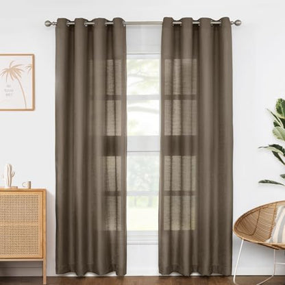 Melodieux Brown Semi Sheer Curtains 63 Inch Length for Living Room, Linen Rustic Bedroom Privacy Window Grommet Sheer Drapes, 52 by 63 Inch, 2 Panels - color: Brown, size: 52"W x 63"L (Pack of 2)