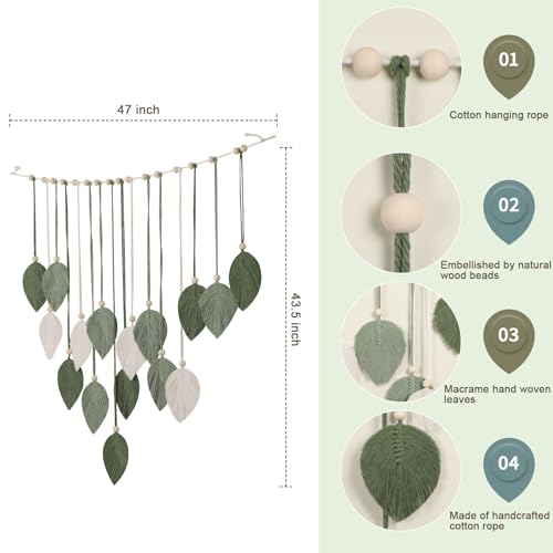 Boho Macrame Leaf Wall Hanging Green Tassel Wall Decor with Wood Beads for Bedroom Living Room Bohemian Home Decor