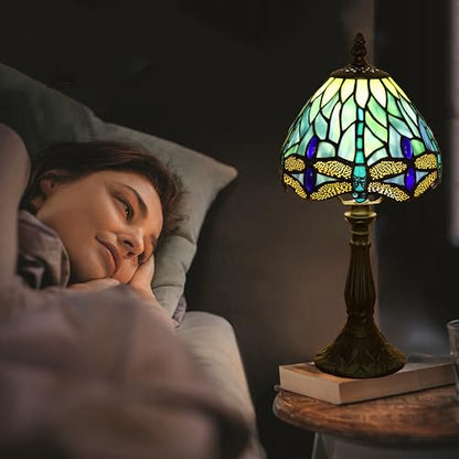 Small Tiffany Lamp 3 Color Temperature Blue Dragonfly Stained Glass Table Lamps 7X7X14 Inch Bedside Nightstand Night Light Desk Office Light for Living Room Bedroom W/LED E12 Bulb - color: Blue Dragonfly 7X7X14Inch