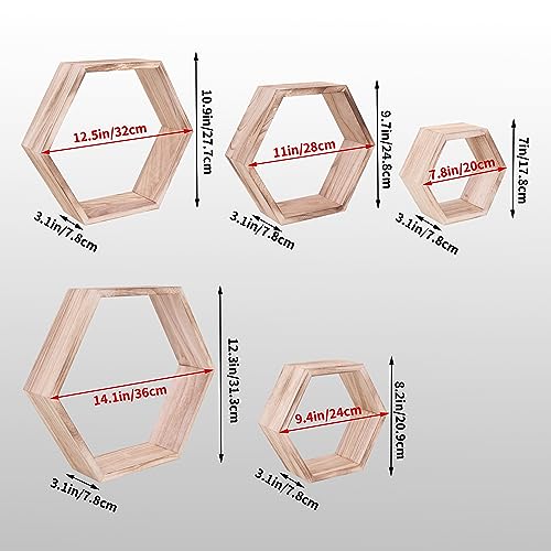 WONFUlity Hexagon Floating Shelves, Hexagonal Shelf Wall Mounted Storage - color: Light Brown, size: 5PC