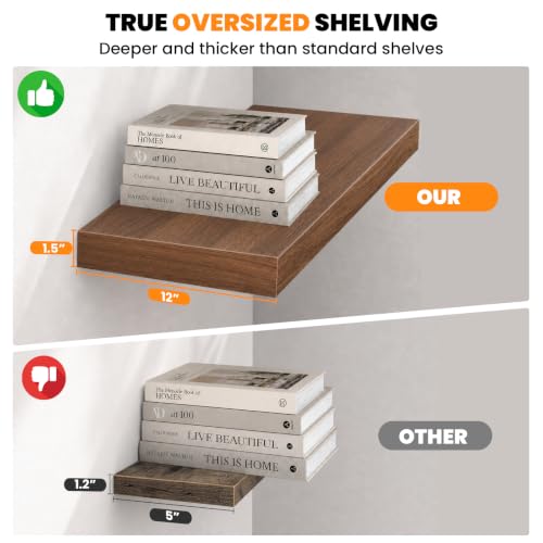 RICHER HOUSE 48Inch Long Floating Shelves, 12" Deep Rustic Wood Wall Shelf - color: Walnut, size: 48in