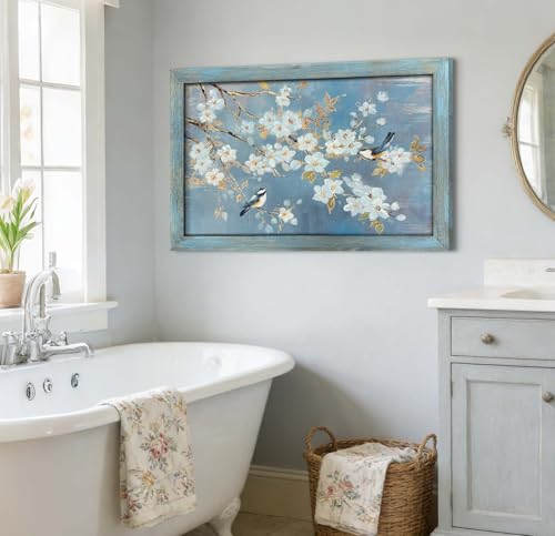 TAR TAR STUDIO Gilded Birds on White Blossom Branches Wall Art, 36" Lx24 W - color: Birds on White Blossom, size: 36"L x 24"W