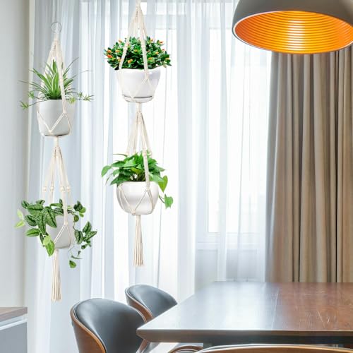 Belit 2 Tier Macrame Plant Hangers with Tassels, 51 Inch, 2 Pack Ivory - color: Beige, size: 51"- 2 Tier