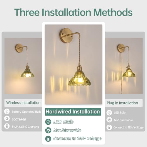 Shenmoyl Vintage Wall Sconce with Green Lily of the Valley Shade Pattern Glass Adjustable Chain Retro Gold Wall Mounted Light, Modern Wall Lamp Fixtures Decor for Bedside Bedroom Indoor Doorway - color: Lily of the Valley-Green, size: 1Pack-Hardwired