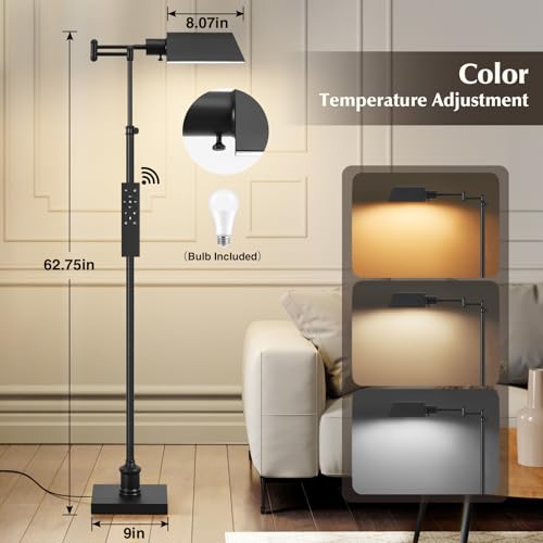 GyroVu Traditional Height Adjustable Pharmacy Floor Lamp with 350° Swing Arm, Color Temperature Adjustable Standing Lamp Metal Shade for Living Room Reading House Bedroom Home Office(Black) - color: Black