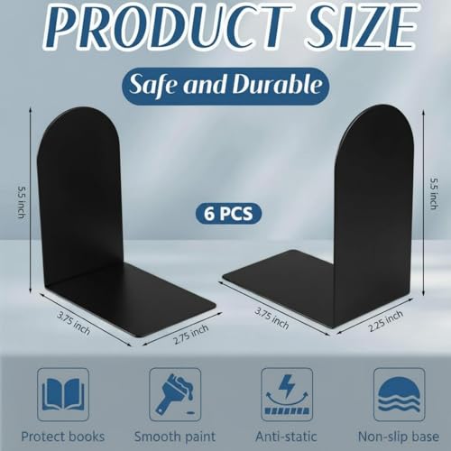 Chunful Modern Metal Book Ends for Shelves, 6 Pcs, Black, 5.5*3.75*2.25inch