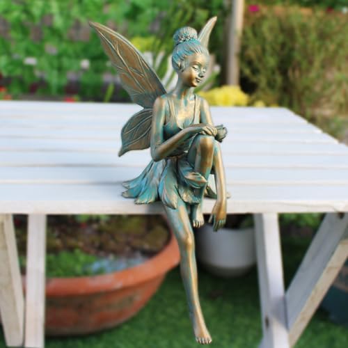 Vintage Bronze Sitting Fairy Statue Outdoor Garden Decor, 7" Tall Resin Angel Figurine Home Shelf Sitter Yard Art Sculpture for Patio Lawn Porch Ornaments - color: Sitting