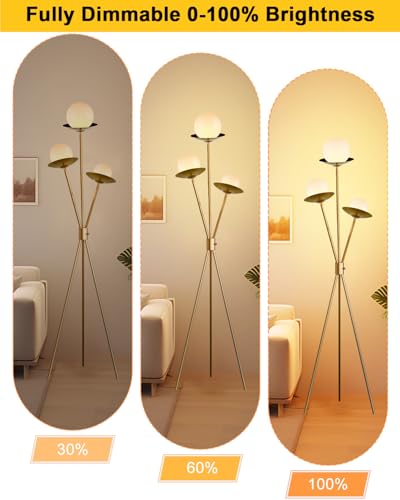 Lightdot Tripod Floor Lamp Dimmable Globe Floor Lamps with 3 LED Bulbs Included, 3000K Soft Warmwhite Mid Century Modern Standing Lamps Gold Tall Lamp for Living Room/Bedroom/Sofa Beside/Corner Decor - color: Gold-79D
