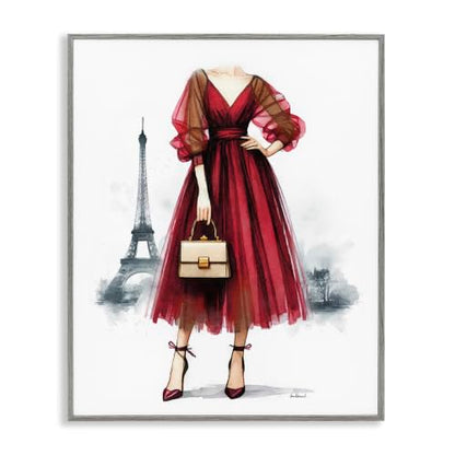'Parisian Fashion Red Dress'| Framed Giclee Art - color: Farmhouse Gray (Textured), size: 20"L x 16"W