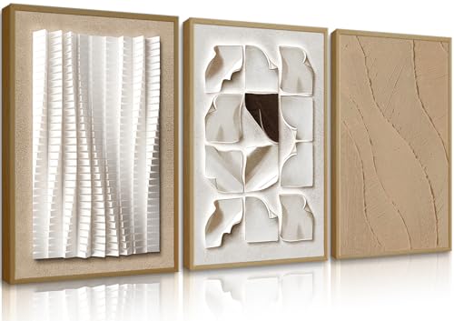 CEXYLVXR 3Pcs Neutral Abstract Wall Art Modern Beige Minimalist Wall Decor Pictures 3D Effect Textured Canvas Prints Abstract Geometry Painting for Living Room Hallway Office 12x16in Unframed Poster - color: Brown-p, size: 12L" x 16W"