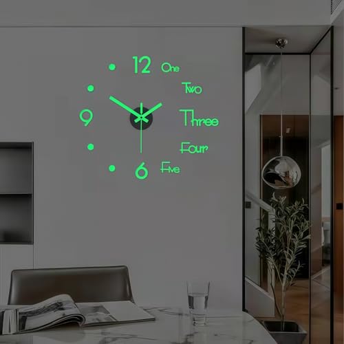 3D DIY Wall Clock, LuminousFramelessSilent Living Room Dining Room Simple 3D Wall Sticker Wall Clock Creative Luminous DIY Acrylic Punch-Free Quartz Clock (15.8IN)