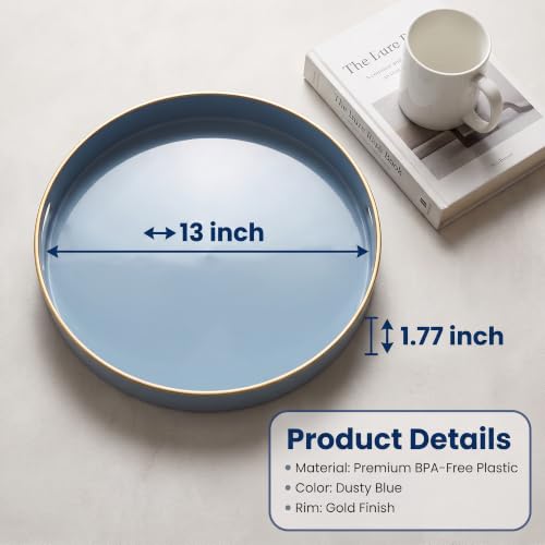 Spsyrine 13 Inch Dusty Blue Round Plastic Serving Tray with Handles - color: Pure Blue