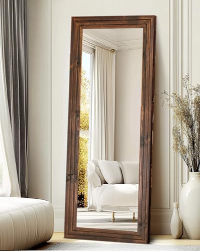 65x22in Full Length Mirror, 3-Tier Stepped Solid Wood Frame, Brown - color: Brown, size: 65"L x 22"W